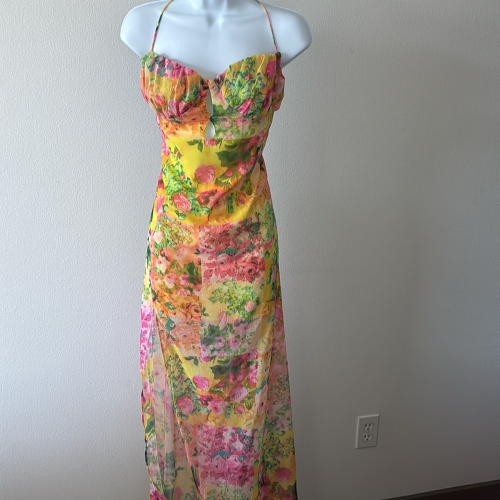 NWT Floral Dress L Y2K Lace-Up Back Maxi Side Slit Coquette Boho Resort Romantic - Picture 2 of 16